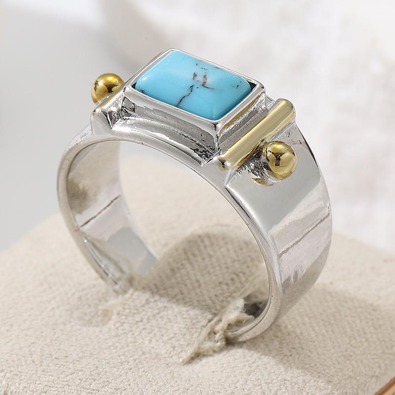 Ethnic Inlaid Imitation Turquoise Women's Ring Vintage Two Color Geometry Daily Wear Party Jewelry Anniversary Gift