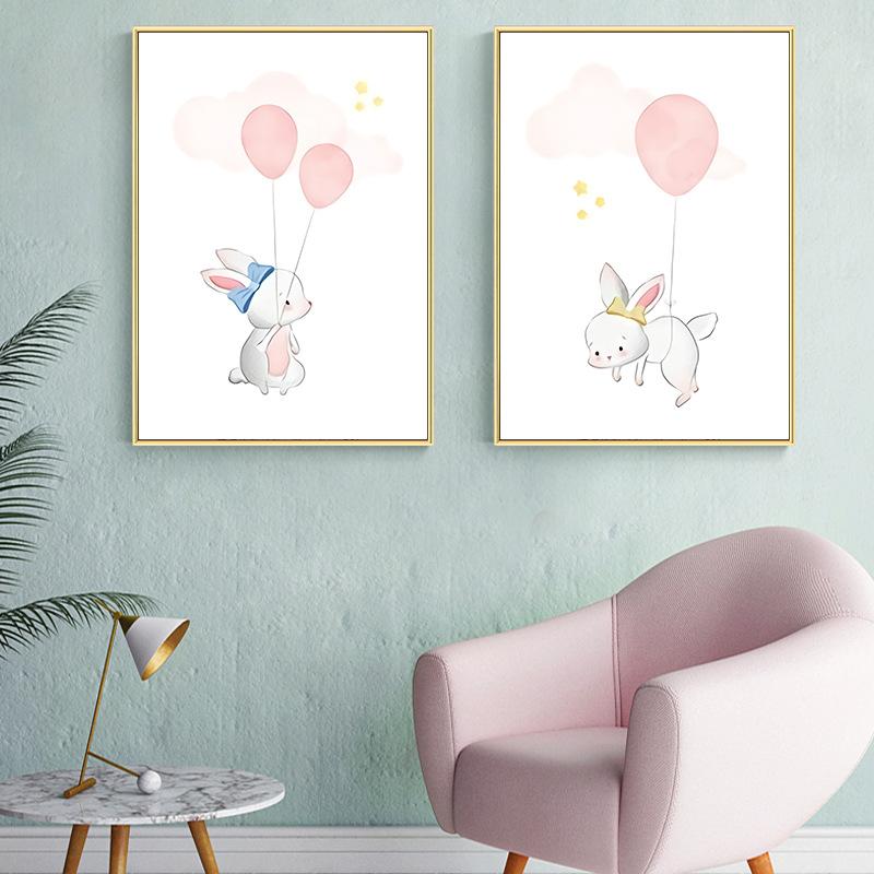 Cartoon Animal Canvas Painting Elephant Rabbit Balloon Children's Room Decorative Painting Creative Art Hanging Painting