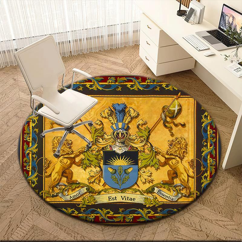 1pc Medieval royal coat of arms and iris Round carpet Painted Printed circular carpet, home door mat, outdoor travel protection carpet