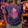 Women's Short Sleeve Henley Shirt Cotton Linen Blend Halloween Spider Web Graphic Button Neck Top Casual Blouse