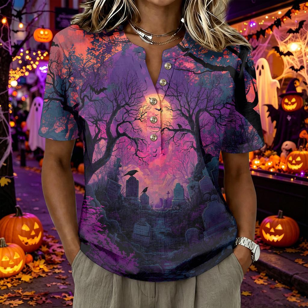 Women's Short Sleeve Henley Shirt Cotton Linen Blend Halloween Spider Web Graphic Button Neck Top Casual Blouse