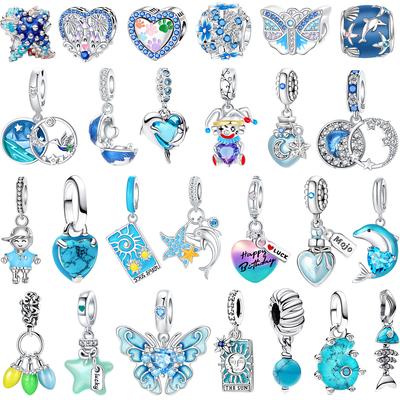 Originales Charms de Plata 925 Azules Mariposa Flor Corazón Pez Delfín Cuentas Para Joyería DIY Collar Pulsera Regalo