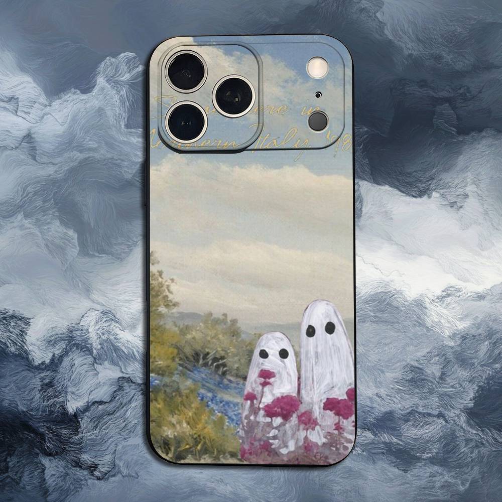 Lovely ghost Case For iPhone 12,14,15,16,17,13,11,X,Mini,Plus,Pro Max,8,7,XR,SE,XS,Soft Silicone Black