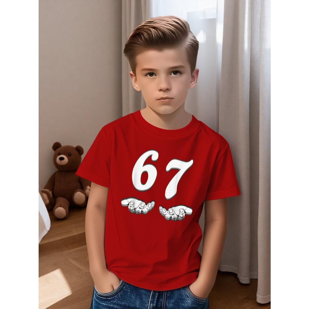 Tricou pentru băieți cu grafică cu numărul 67, imprimeu 3D, confortabil, cu gât rotund, mâneci scurte, top casual de vară pentru fiecare zi, sport, tricou pentru copii