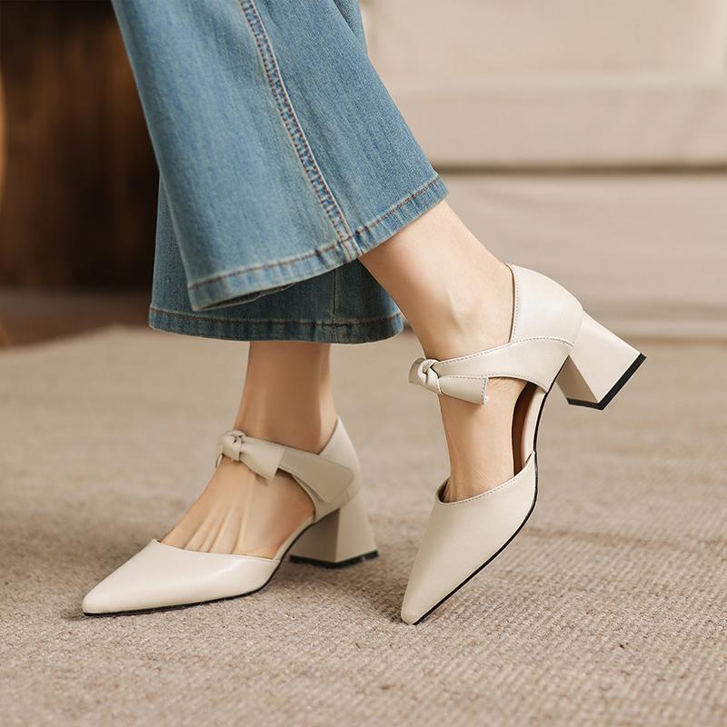 Cowhide light luxury style pointed bow strap with thick heel sandals, versatile for women's commuting