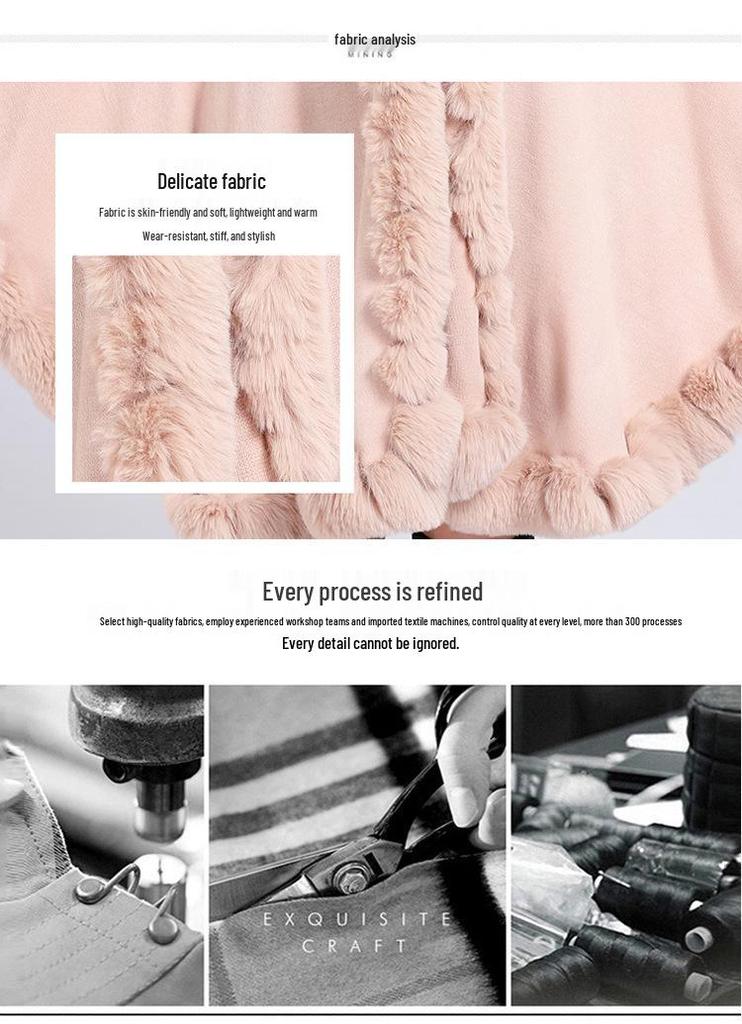 Women's Imitation Rex Rabbit Fur Collar Shawl Cape - Large Size, Knitted Loose Fit Cardigan for Autumn and Winter