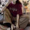 American Pure Cotton Burgundy Short-sleeved T-shirt Women's Summer Loose Large Size Fat Mm Hong Kong Flavor Chic Half-sleeved T-shirt Top