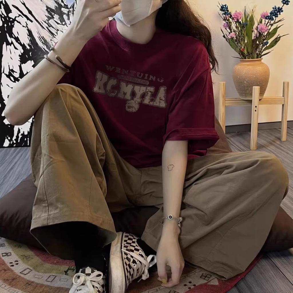 American Pure Cotton Burgundy Short-sleeved T-shirt Women's Summer Loose Large Size Fat Mm Hong Kong Flavor Chic Half-sleeved T-shirt Top