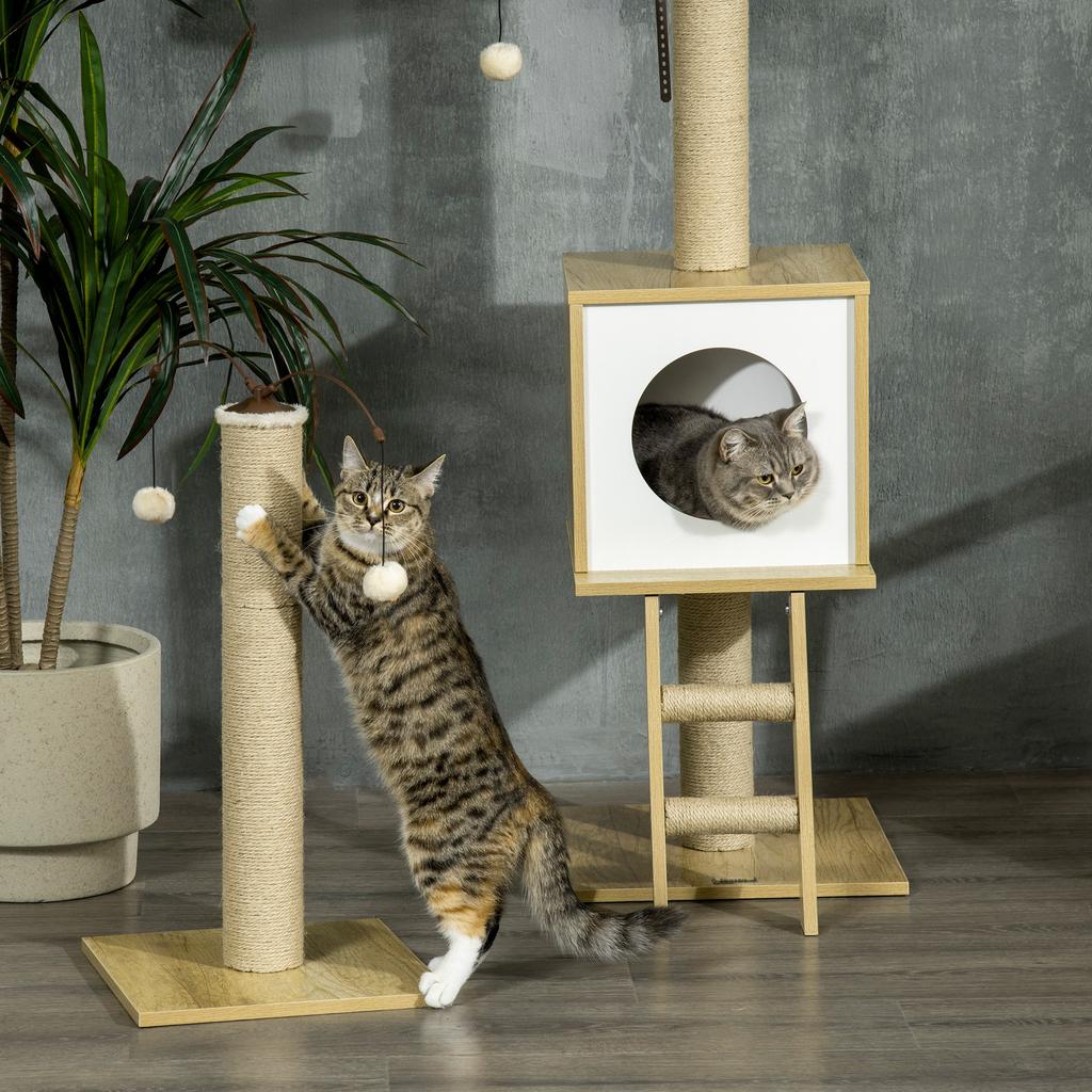 Floor To Ceiling Cat Tree Adjustable Height 225 285 Cm With Scratching Post 4 Levels Nest Hammock Ladder Games Beige