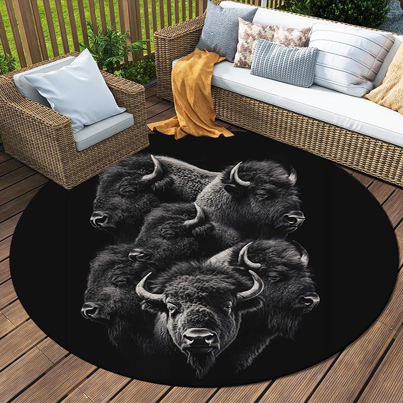 Bull Wolf Round Area Rug,Carpet Rug for Living Room Bedroom Sofa Playroom Decor,Non-slip Floor Mat