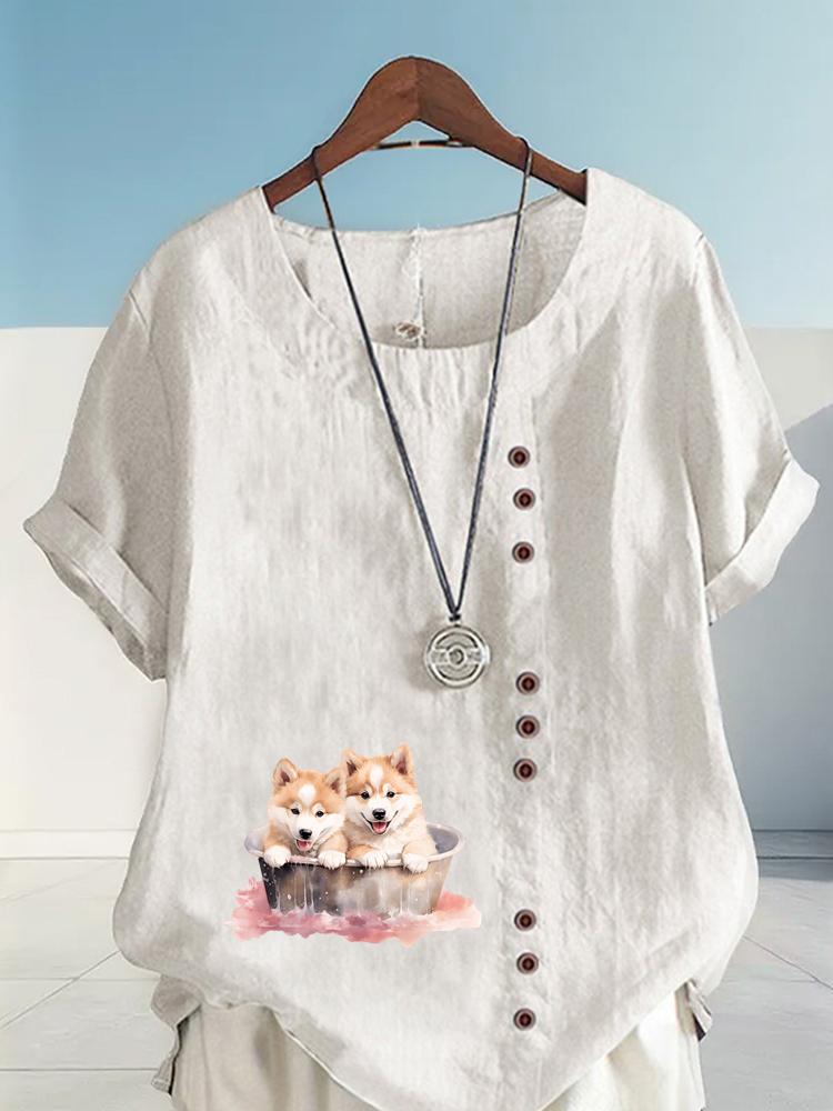 Women's Fashion Couple Dog Print Round Neck Short Sleeve T-shirt Summer Casual Cotton Linen Graphic Shirt Leisure Loose Blouse Tops