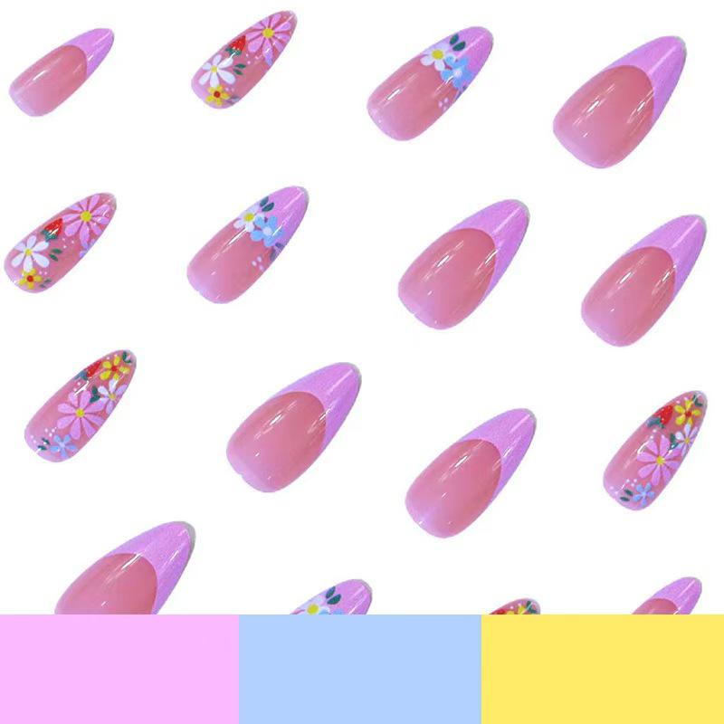 European & American Pink Floral French Almond Press-On Nails