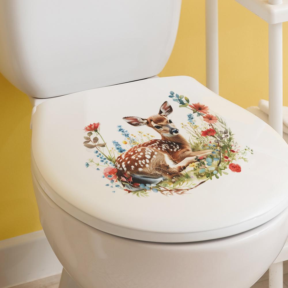 Fun-m116 Cartoon Sika Deer Flower Green Plant Toilet with Bathroom Bathroom Beautification Wall Sticker