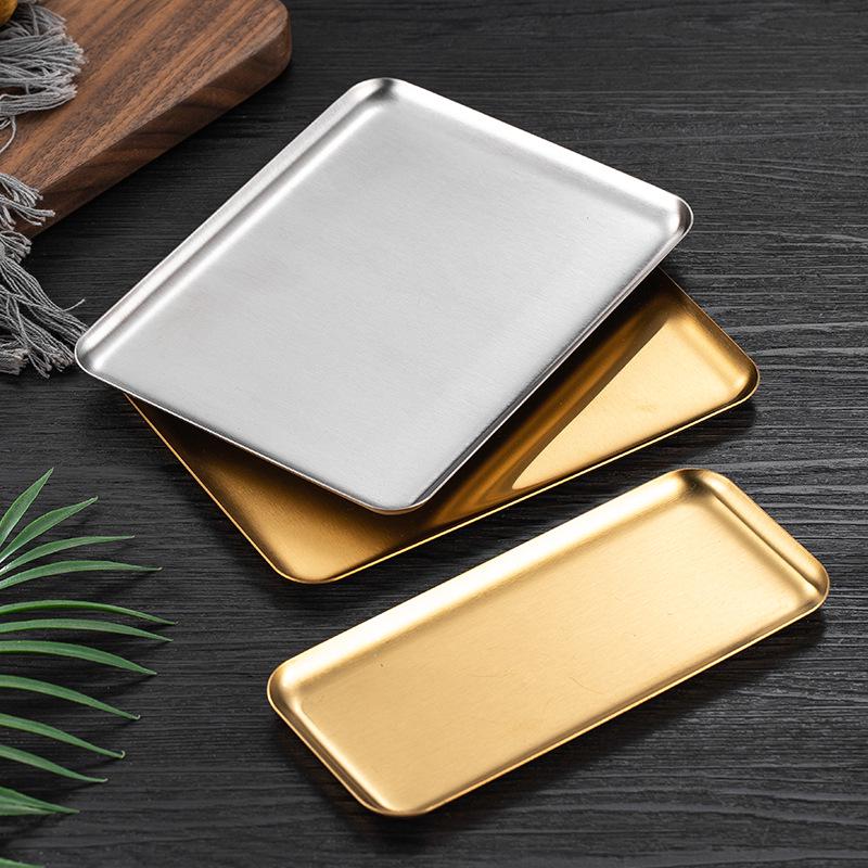 Korean Style Gold 304 Stainless Steel Rectangular Tray with Straight Edges: Perfect for Barbecue, Desserts, and Cakes