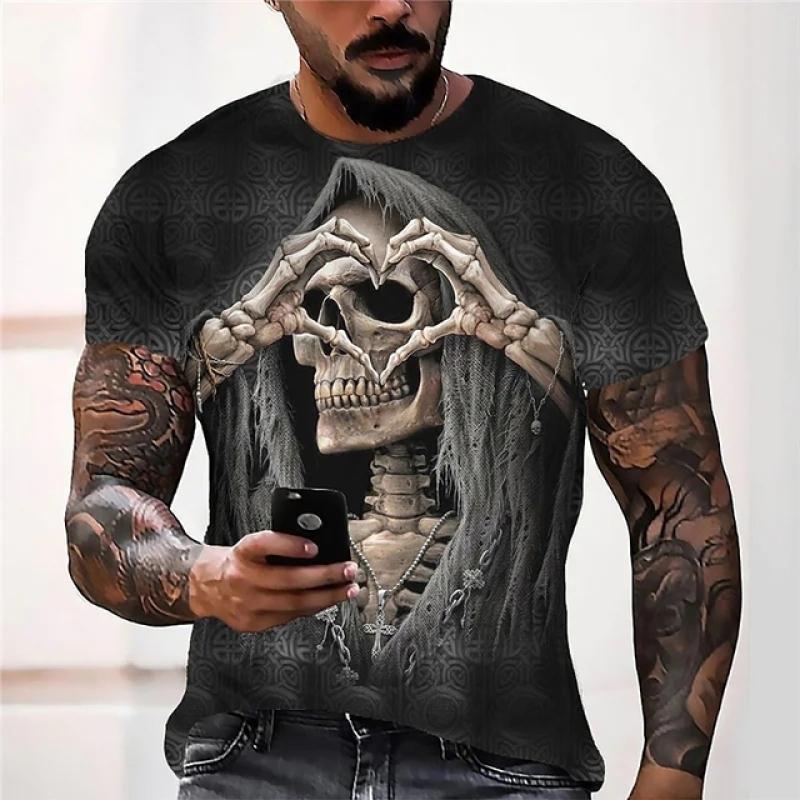 Camiseta Retro de calavera para hombre, camiseta con estampado 3D de calavera, ropa de calle para hombre, camiseta Extra grande de manga corta de terror para hombre