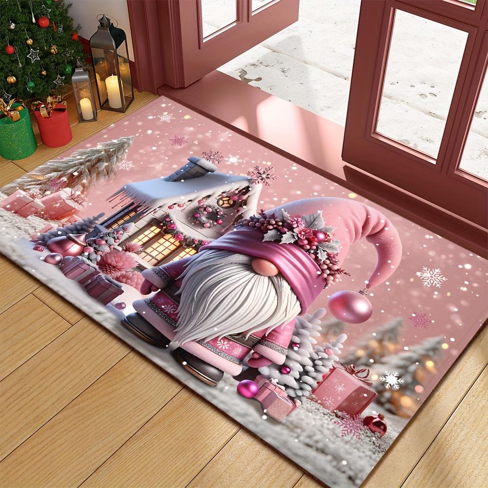 1Pc 850g/m² Charming Pink Christmas Gnome print Floor Mat Modern 4mmKitchen Rug Non-Slip Colorful Indoor Carpet, For Home