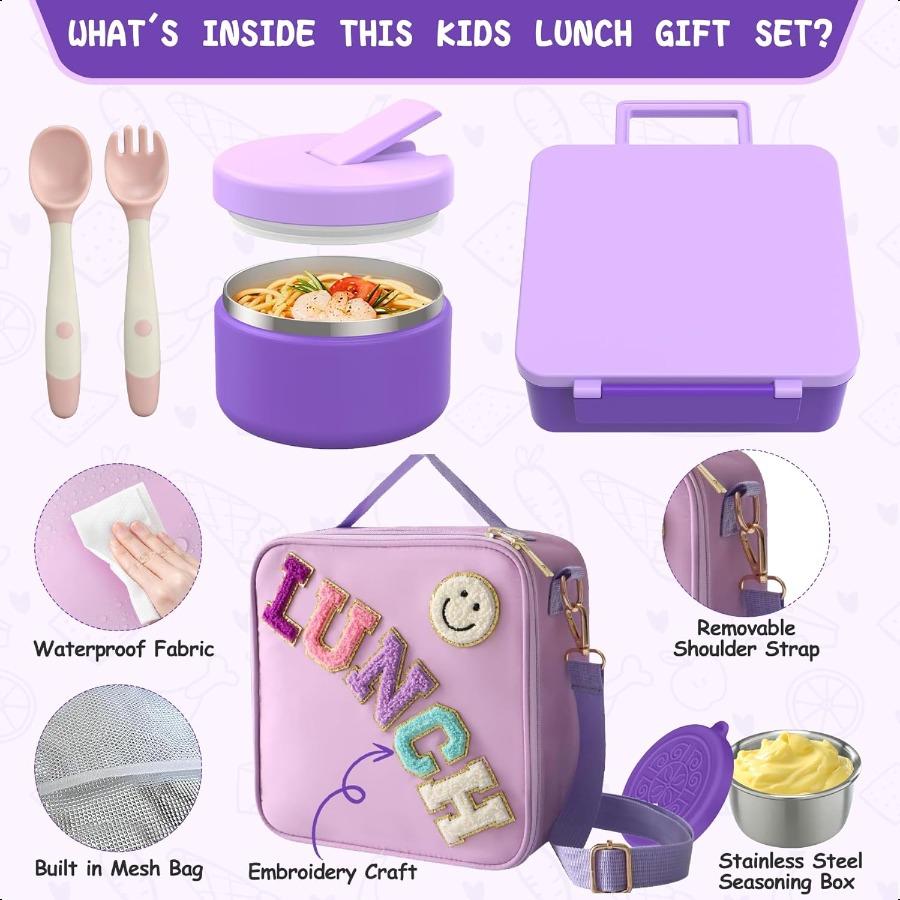 Bento Lunch Box with 8oz Soup Thermo Leakproof Lunch Food Containers with 4 Compartment Insulated Hot Food Jar with Lunch Bag f