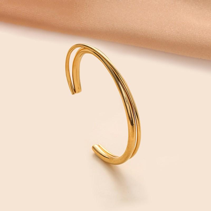 Minimalist Geometric Double-Layer Open Cuff Bracelet Women 18K Gold Plated Titanium Steel Fashion Jewelry