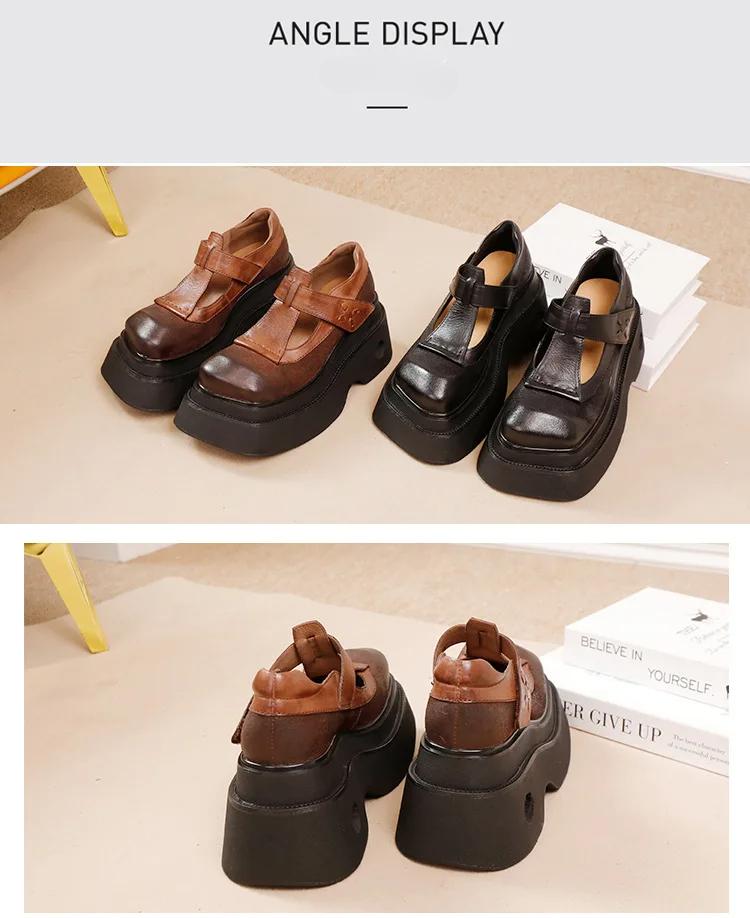 Johnature Vintage Pumps mit dicker Sohle und quadratischer Zehenpartie aus echtem Leder, Plateauschuhe für Damen