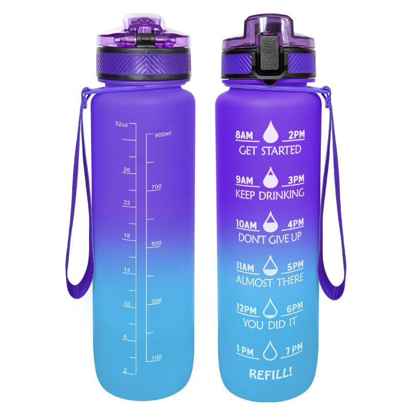Tritan Frosted 1000ml Plastic Water Bottle with Time & Capacity Scale, Portable Handle