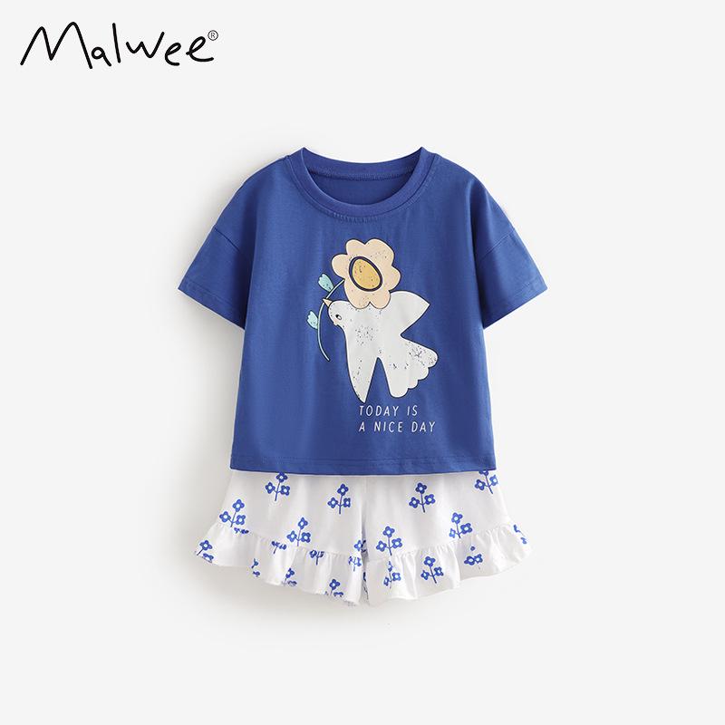 Malwee Girls European & American Summer Two-Piece Set: Cute Round Neck Short Sleeve for Girls