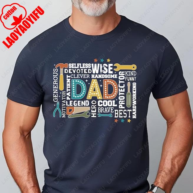 Dad Word Art TShirt Fathers Day Gift with Tools for Handy Dad Colorful Typography Shirt Summer Fashion Casual Soft Cotton Tees S