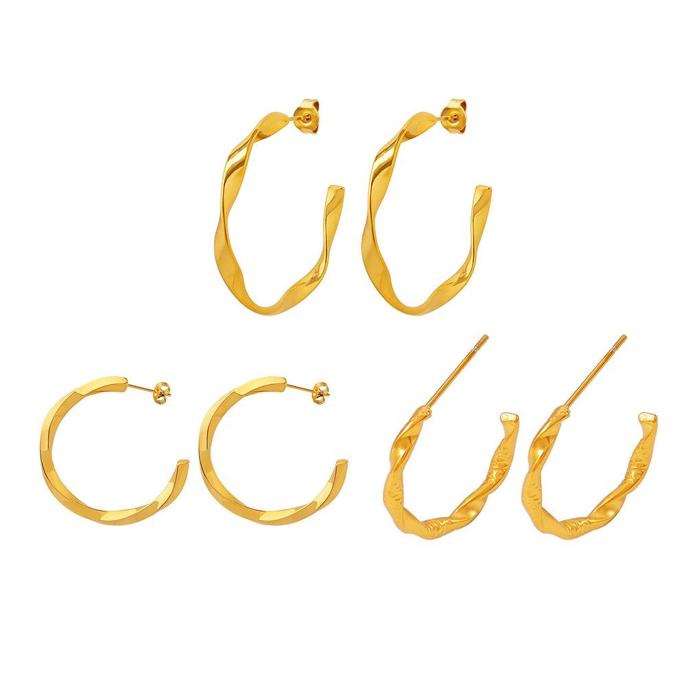 Qiong Yao Stainless Steel C-shaped Hoop Earrings, Fashionable 18K Gold-Plated, Exaggerated Design