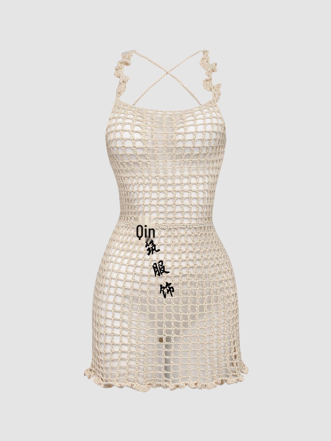 

Европейское и американское пляжное платье-накидка крючком с открытой спиной и полосками для женщин. Medium абрикосовый