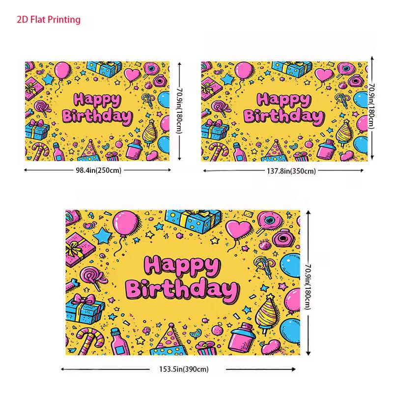 2D Yellow Happy Birthday Backdrop, Cartoon Party Doodles & Gifts Photo Background