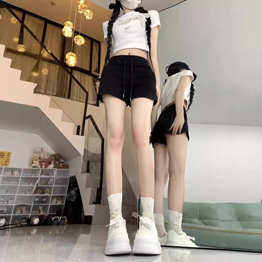 2025 Women's Summer High Waist Slimming Loose Straight-Leg Drawstring Shorts - Black Casual Versatile Sportswear