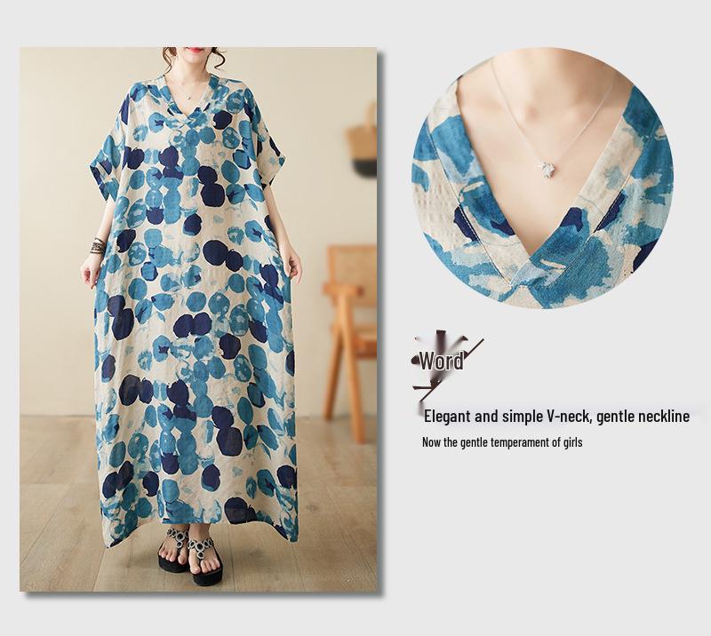 Retro Sukienka Plażowa z Dekoltem V i Luźnym Krojem - Lato 2024 Bawełna Len Narzutka Plus Size