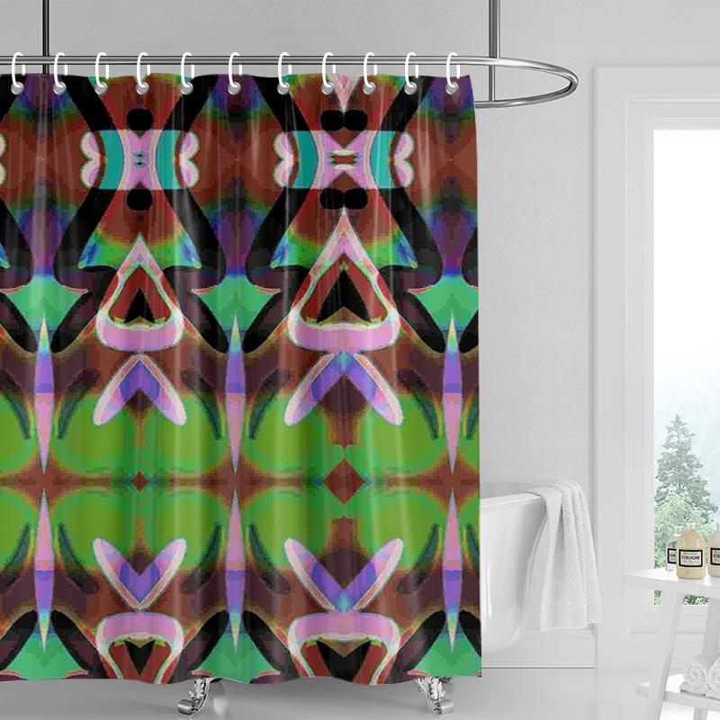 Abstract Symmetrical Shower Curtain-bright Red with Multi-color Geometric Pattern, Modern Bathroom Decoration