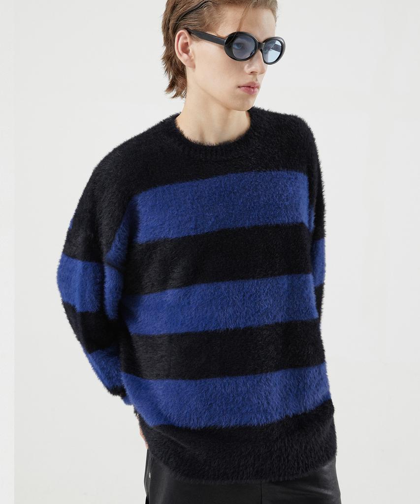 TRILLION Hairy Brush Striped Crew Neck Knit (Blue)