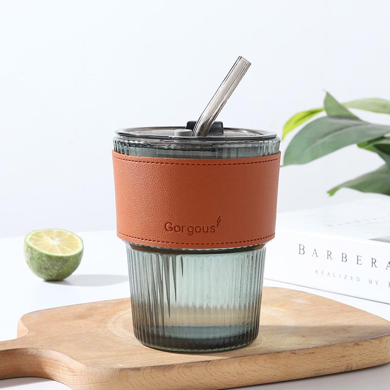 Vertikales Muster Bambusbecher mit Deckel Hochwertiger Strohhalm Glas Geschenkbecher Büro Kaffeetasse