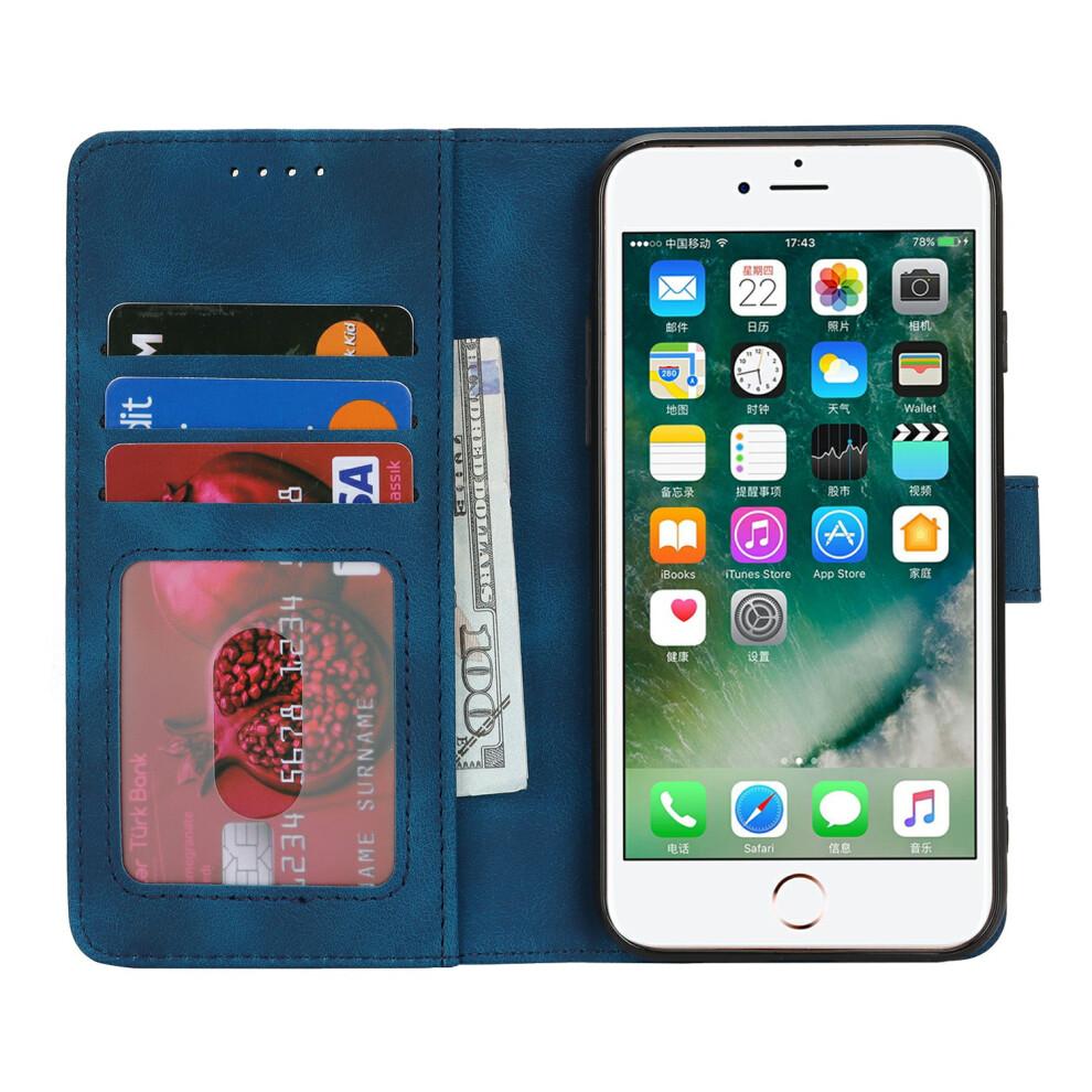 (iPhone SE (2022), Blue) Wallet Case for iPhone SE (2022)/(2020)/8/7 Double Folded Edge Skin Touch PU Leather Flip Phone Cover