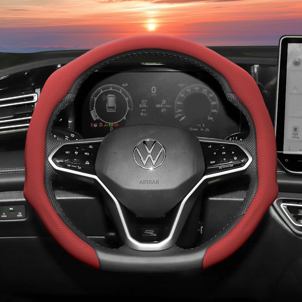Suitable for Volkswagen Perforated Leather Steering Wheel Cover, Non-Slip Breathable Integrated Protective Case Golf Passat Polo Jetta