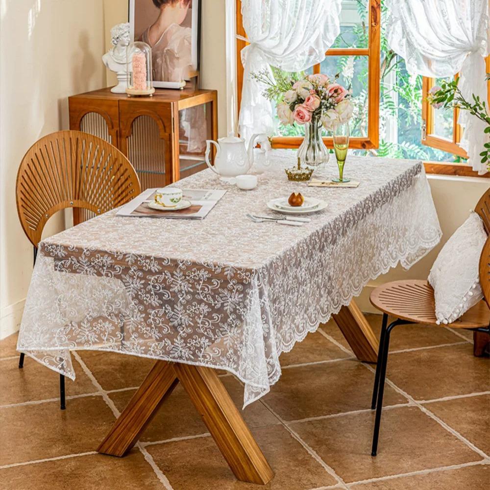 Romantic Embroidered French Lace Tablecloth Organza Vintage Table Linen White Table Cover Desktop Background
