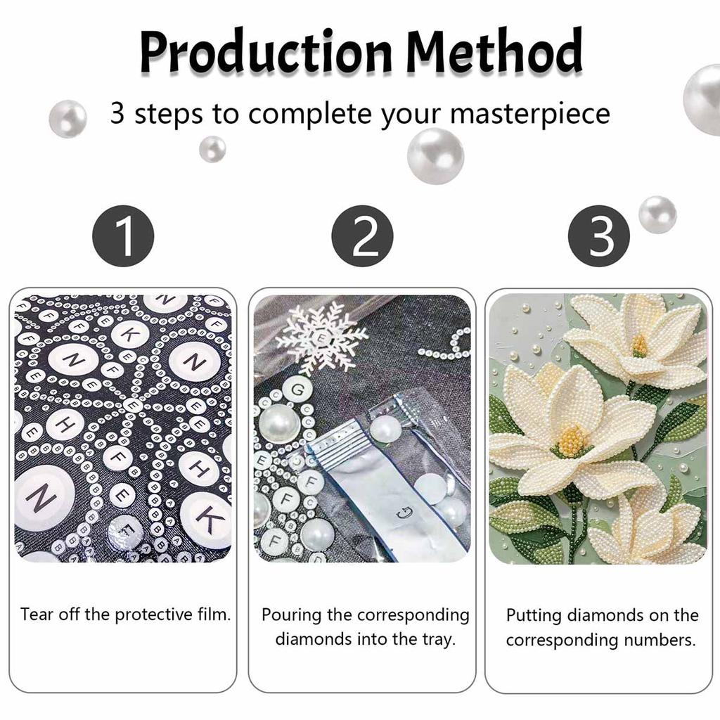 Unique 5D Framed Pearl Painting Kit with White Magnolia Flower Sparkling Bead Art Canvas DIY Handmade Craft for Living Room Decor