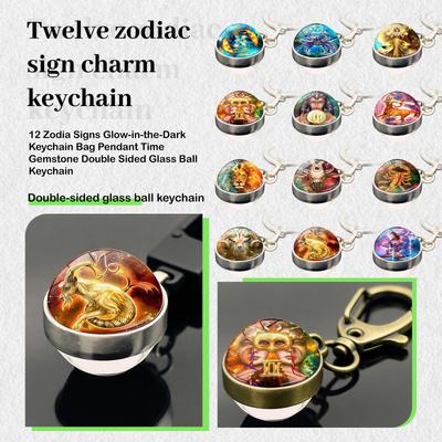 12 Zodia Signs Glow-in-the-Dark Keychain Bag Pendant Time Gemstone Double Sided Glass Ball Keychain