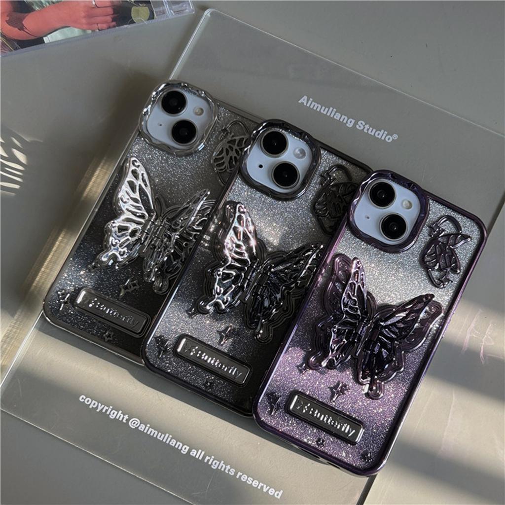 Luxury Plating 3D Butterfly Glitter Powder Phone Case for iPhone 15 14 13 12 11 Pro Max 15 Pro Stand Holder Soft TPU Case Cover