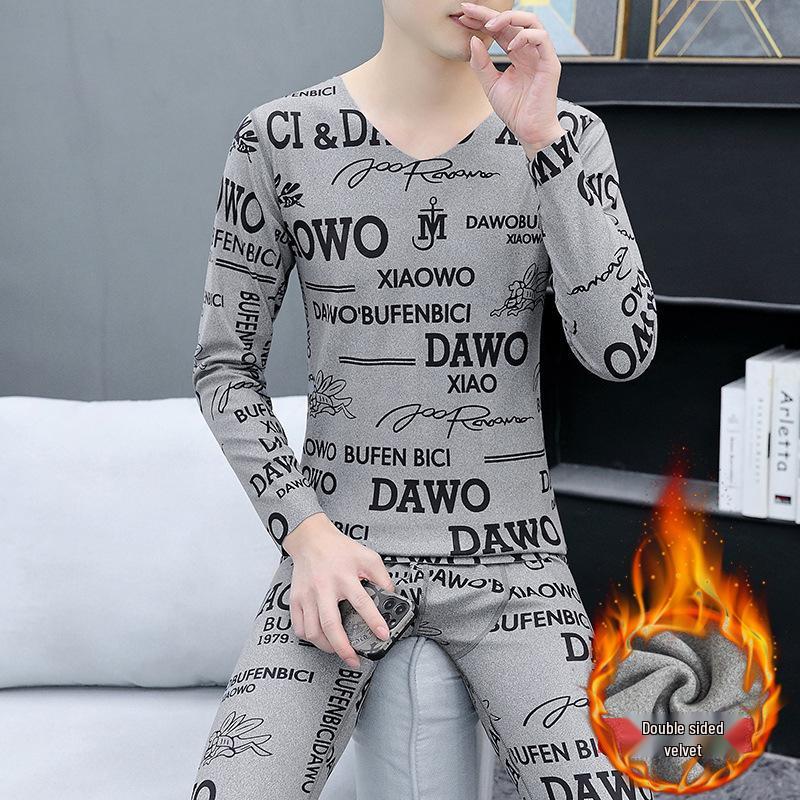 

Men s Fleece V-Neck Underwear Set - Seamless Striped Base Layer 5XL [For 180-200 kg]