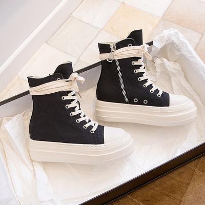 Women Outdoor Platform Walking Shoes Youth Student Leather Street Wear Casual Boots Side Zipper Canvas Sneakers Jogging Trainers