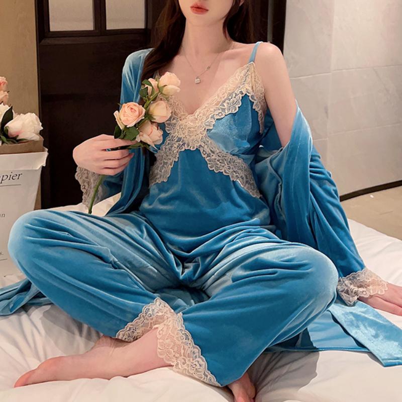 Neues Pyjama-Set aus Gänsedaunen für Herbst und Winter, Pyjama, sexy Spitzenkante, Kimono-Bademantelkleid für Damen, lockeres, lässiges Pyjama-Set, Hauskleidung