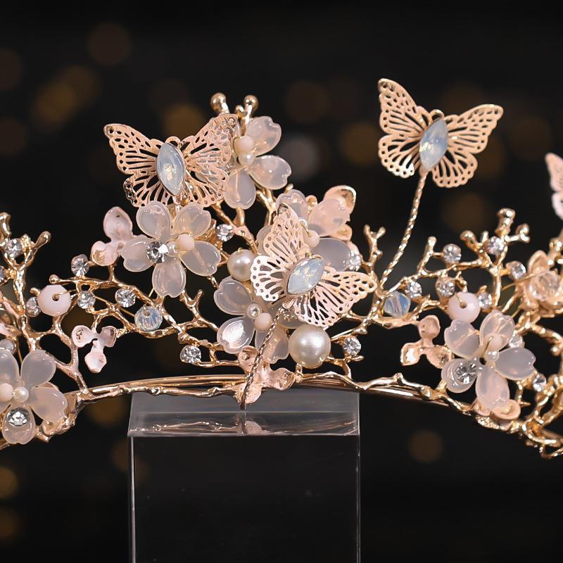 Vintage Gold Blume Schmetterling Braut Tiara Kronen Barock Perle Festzug Diadem Kopfschmuck Haarschmuck Hochzeit Haarschmuck