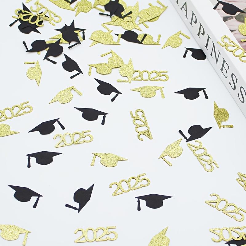 100pcs 2025 Black & Golden Graduation Cap Confetti -Elegant Paper Scatter Decor for Graduation Party, Celebratory Event Supplies