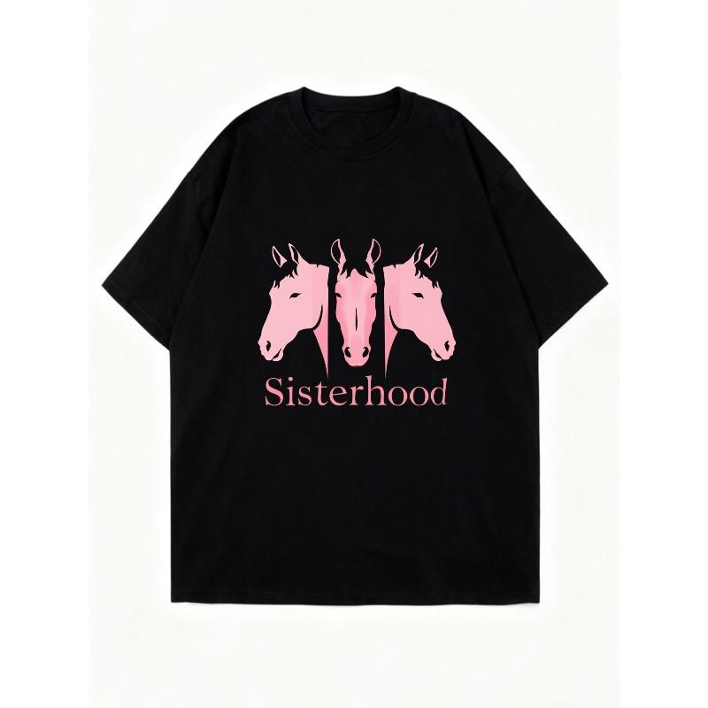 Oversized T-Shirt Black Horse Heads And Sisterhood Text Print Casual Wear For Women
