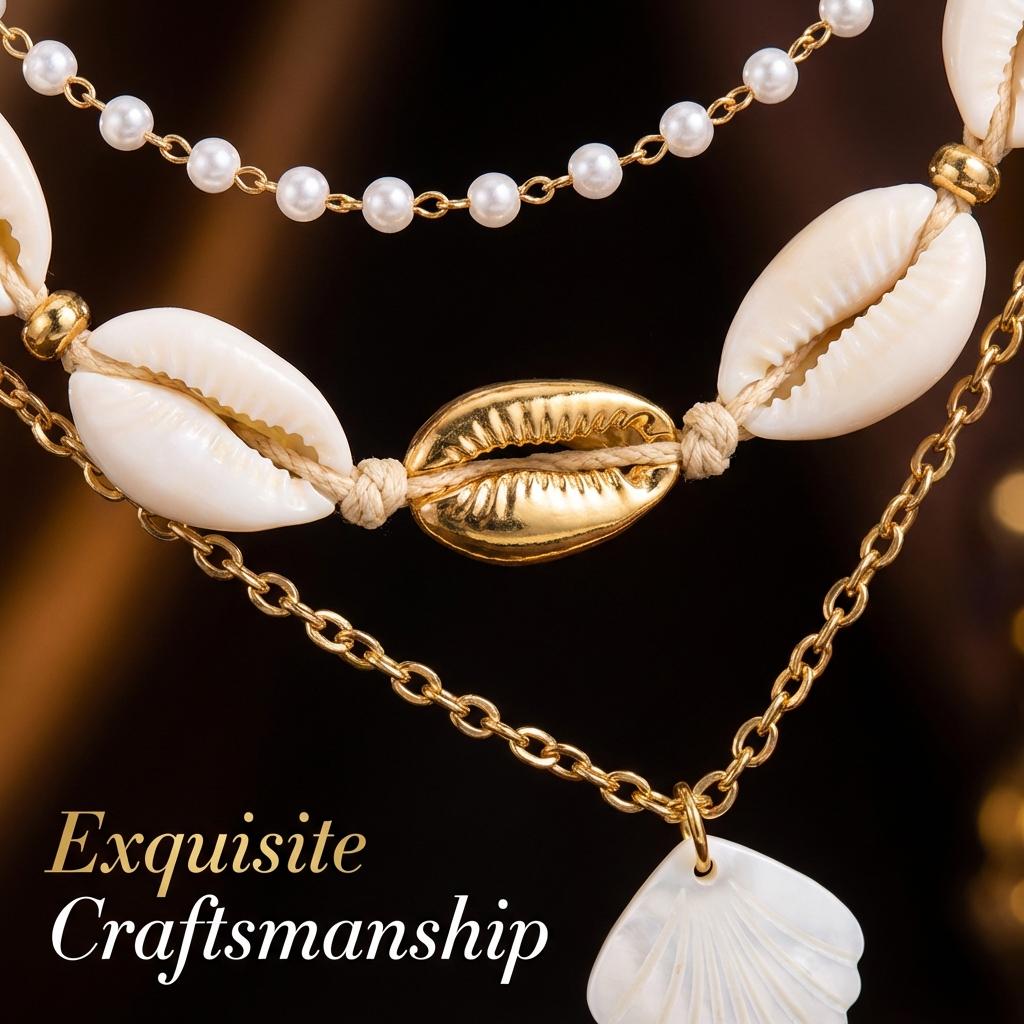 Bohemian Multi-layer Starfish Shell Pendant Necklace for Women Beach Imitation Pearl Metal Beads Choker Neck Chain Party Jewelry