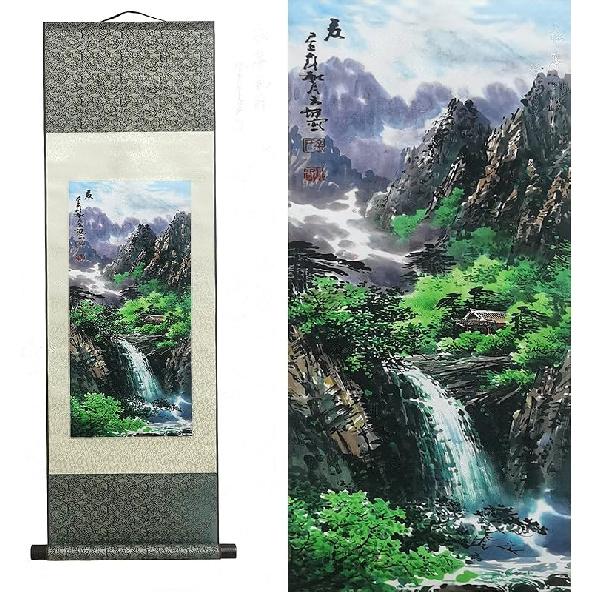 AtfArt Asian Wall Decor - Beautiful Silk Scroll Painting of Waterfall River Landscape - Mountain Spring Autumn Color Oriental Decor Chinese Art Wall