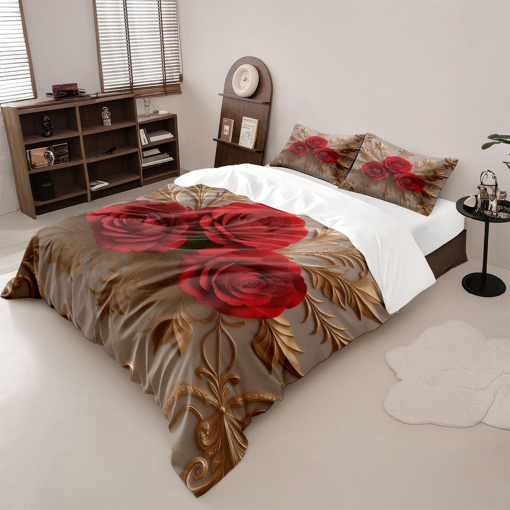 Bed Three-Piece Rose 3D Digital Printing Abrasive Pillowcase Quilt Cover Kit