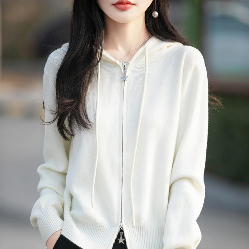 Women Loose Hooded Long Sleeve Knitted Zip Up Short Cardigan Coat